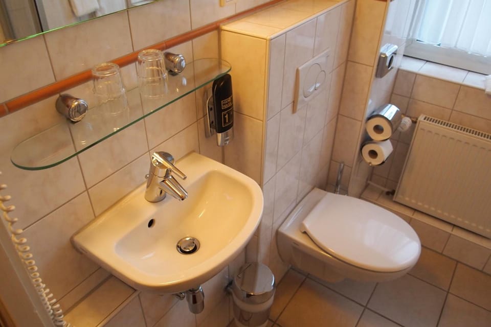 Combined shower/tub, free toiletries, hair dryer, towels