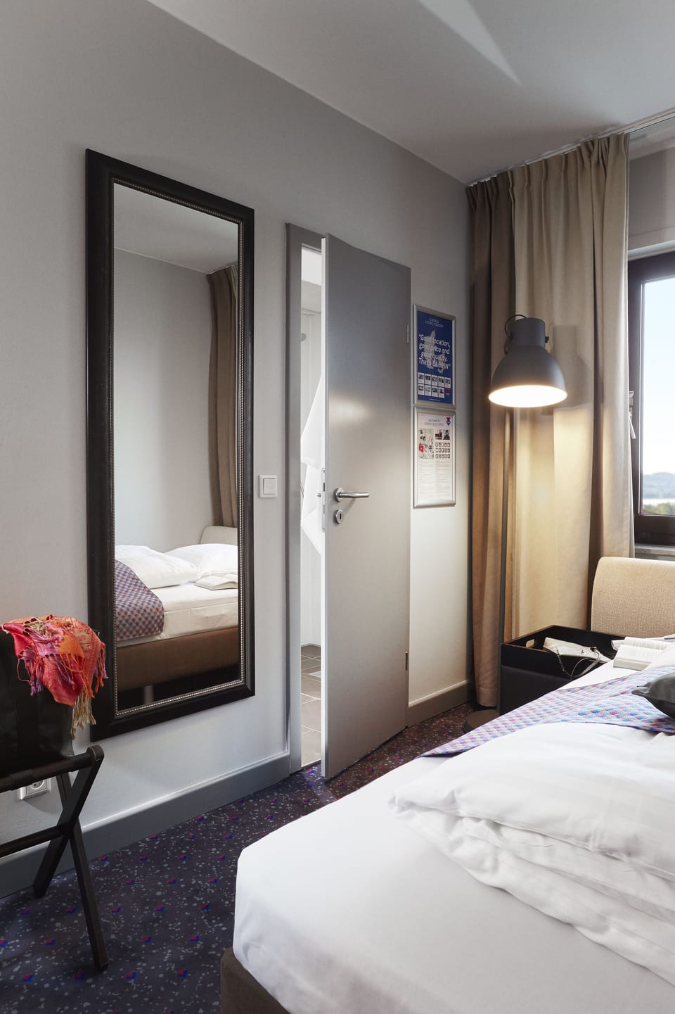 Captain Single | Desk, laptop workspace, blackout drapes, iron/ironing board