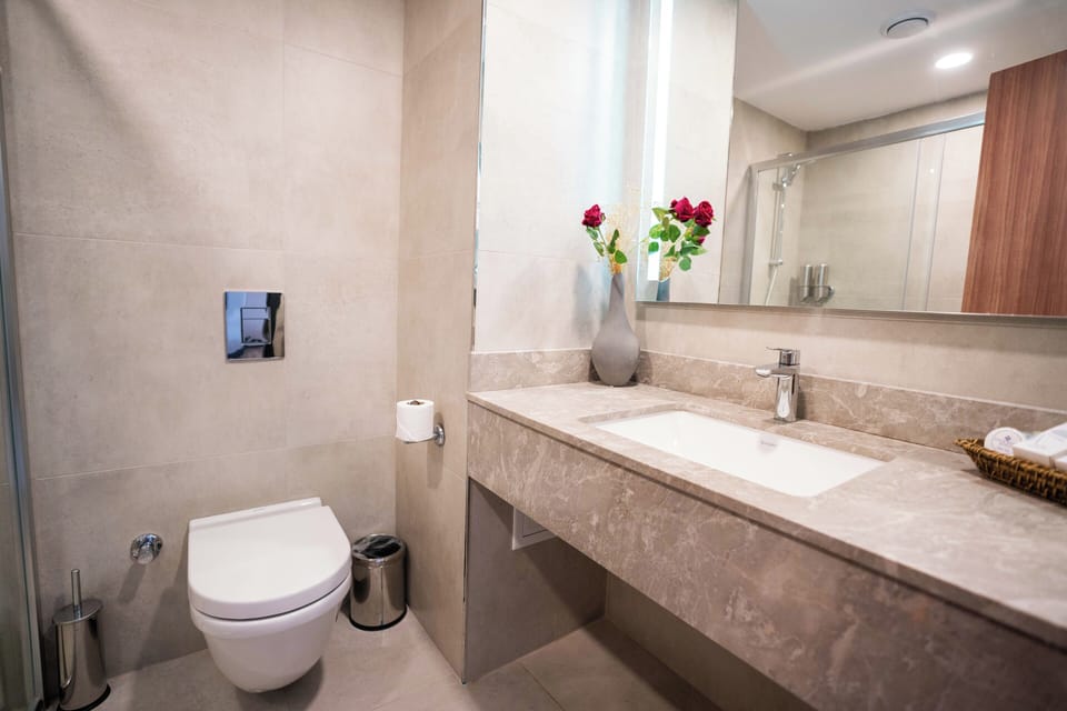 Hair dryer, slippers, towels