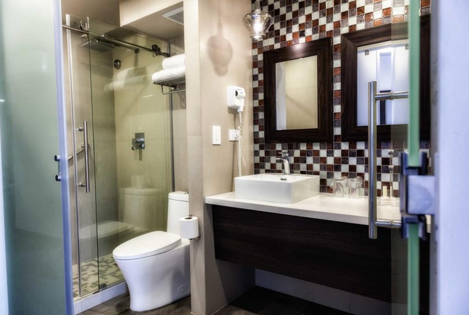 Combined shower/tub, rainfall showerhead, hair dryer, towels