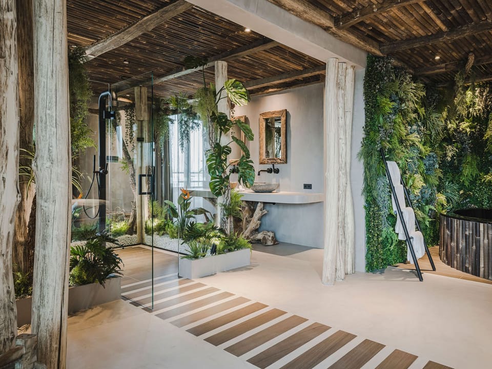 Bali Suite | Bathroom | Separate tub and shower, deep soaking tub, rainfall showerhead