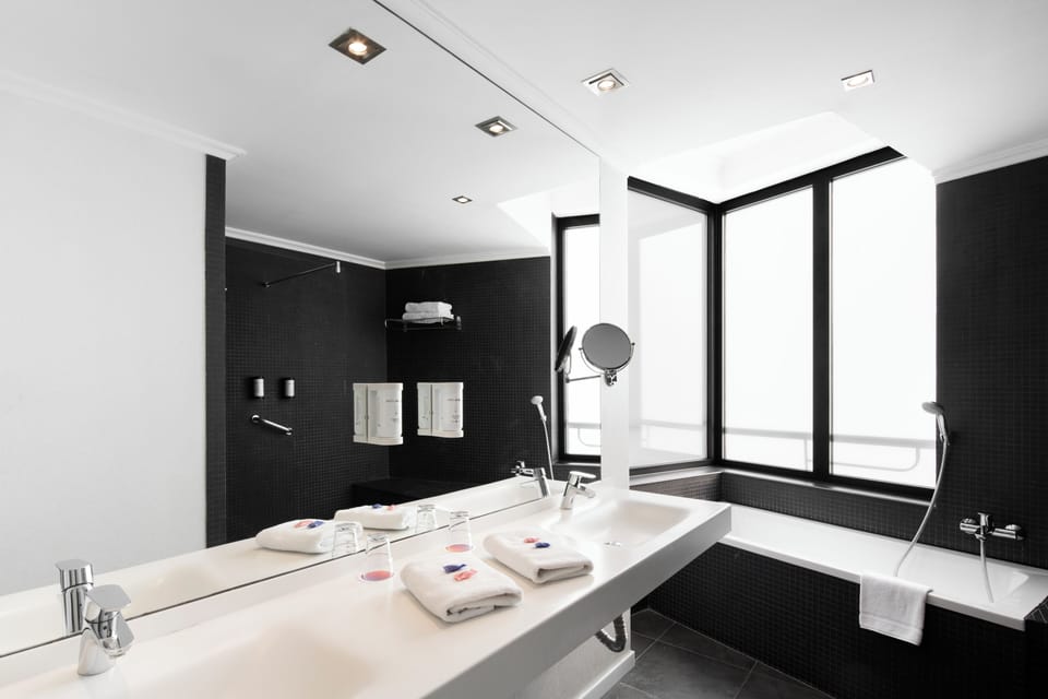 Shower, hair dryer, bidet, towels