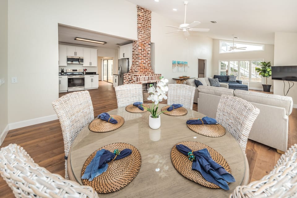 Open concept design for kitchen, dining, living and reading area.  