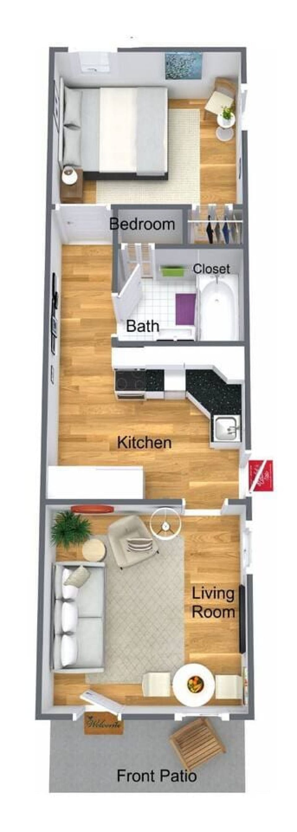 A 3D rendering of the apartment—furniture may not be exact, but the layout is accurate.