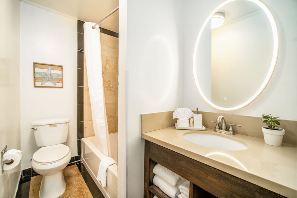 Family Room, 2 Queen Beds | Bathroom | Shower, hair dryer, towels, soap