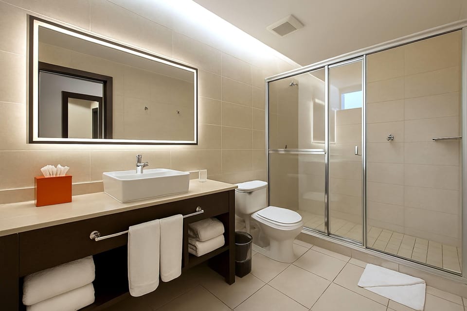 Shower, eco-friendly toiletries, hair dryer, towels