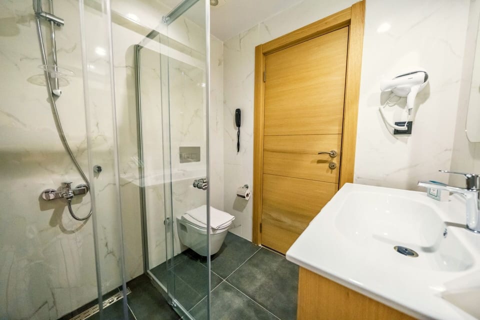 Shower, slippers, towels