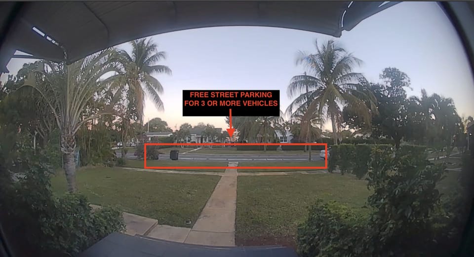 Plenty of street parking right in front of the house. The concrete pathway leads to the front door entrance. 