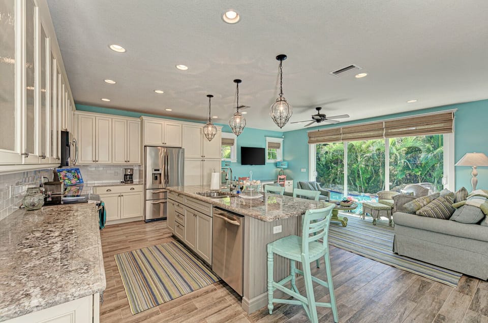 Blue Palm Paradise kitchen & living room