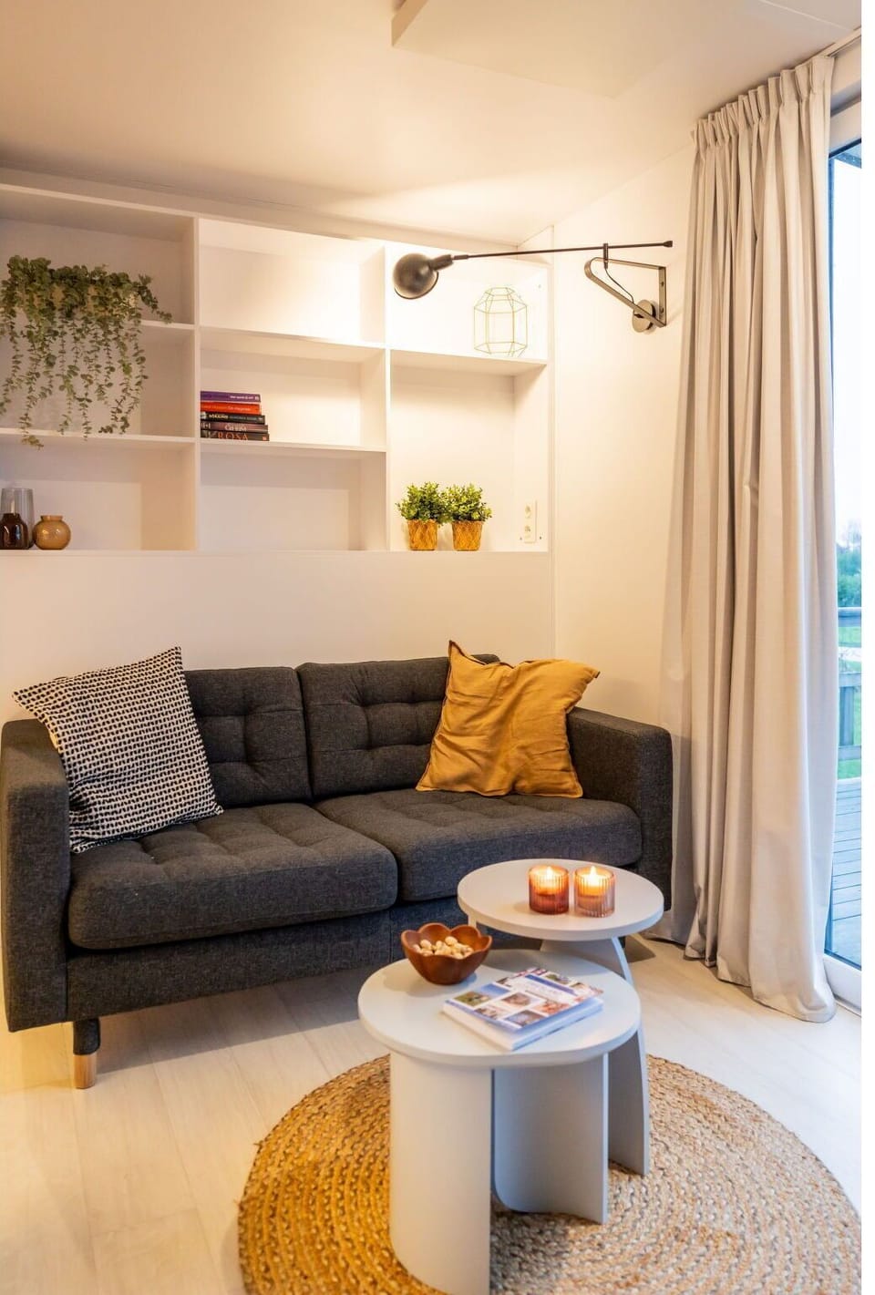 Furniture, Property, Couch, Interior Design, Lighting, Orange, Curtain, Comfort, Floor, Flooring