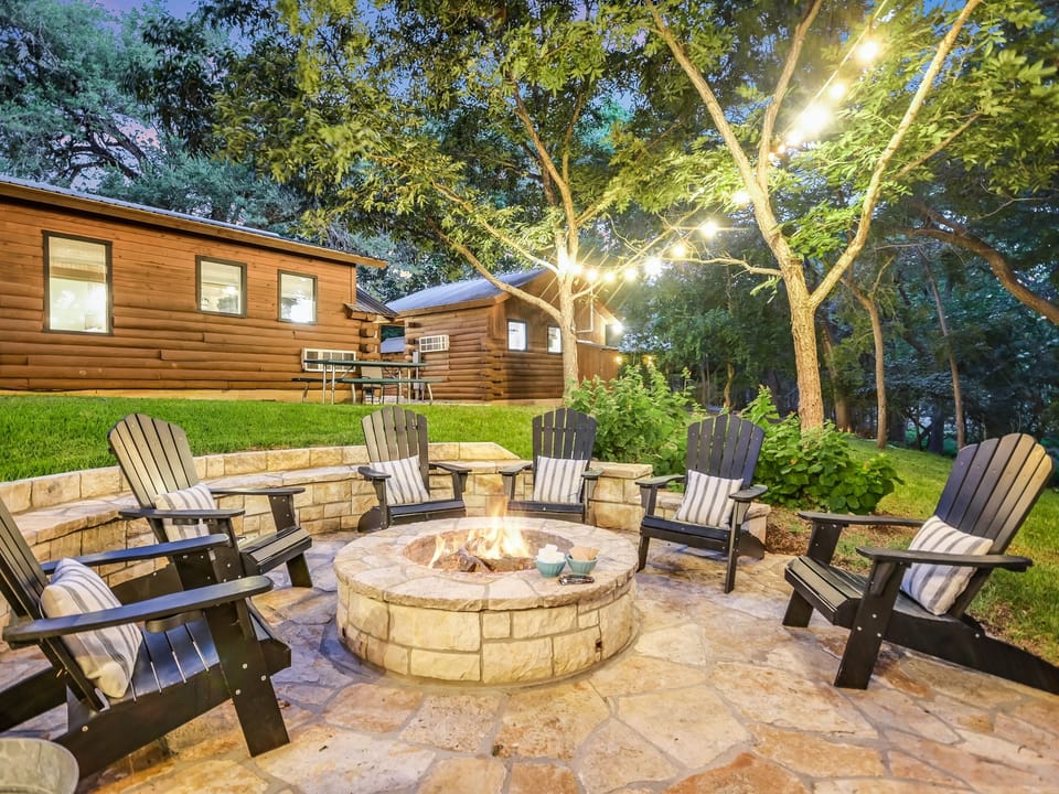Evening lights at Cabins on the Square near downtown Wimberley