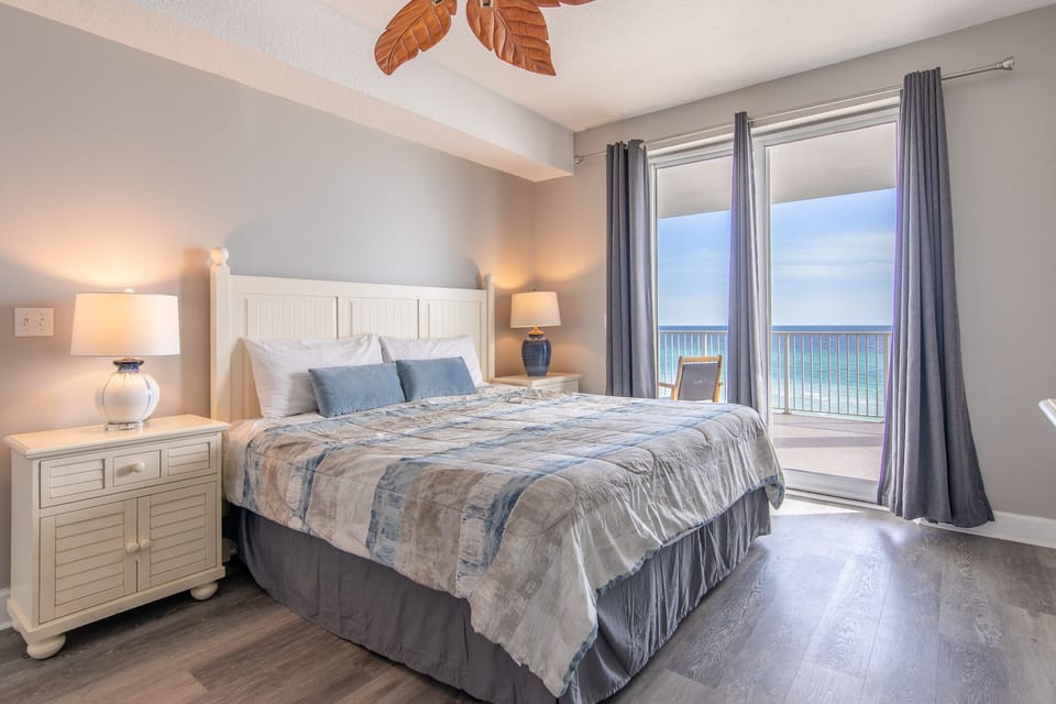 Gulf front master bedroom with a king size bed.