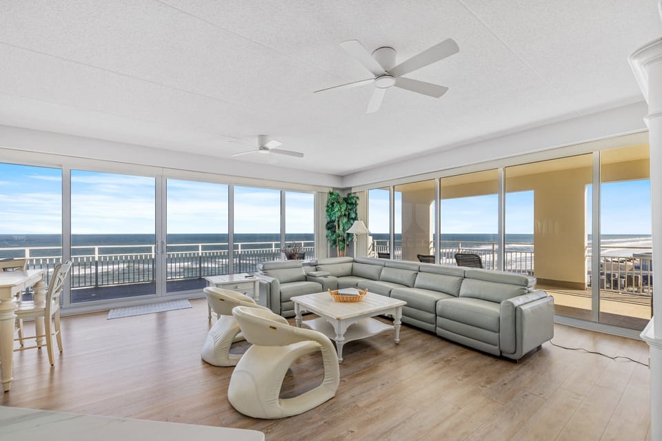 Open flow between the living area, dining area, and kitchen.