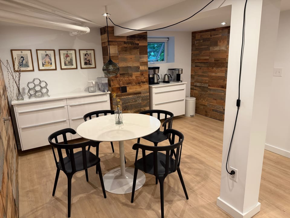 Dining nook with coffee / tea station, filtered water, and all the housewares