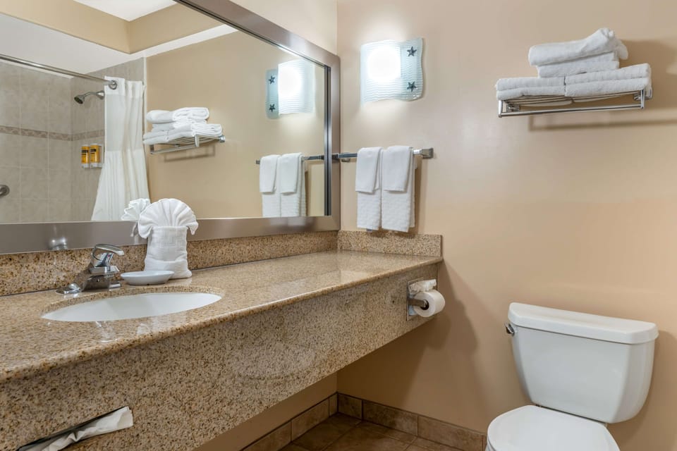 Combined shower/tub, free toiletries, hair dryer, towels