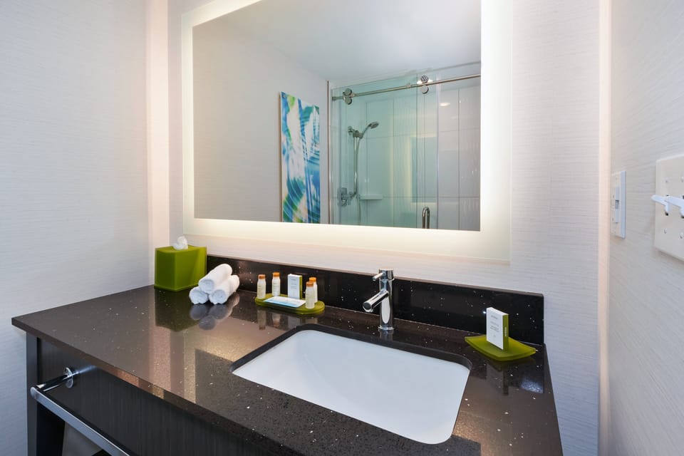 Shower, free toiletries, hair dryer, towels