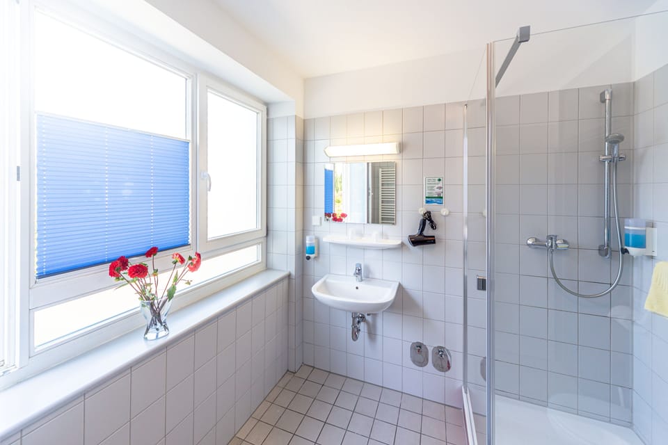 Comfort Double Room (Plus) | Bathroom | Shower, hair dryer, towels, soap