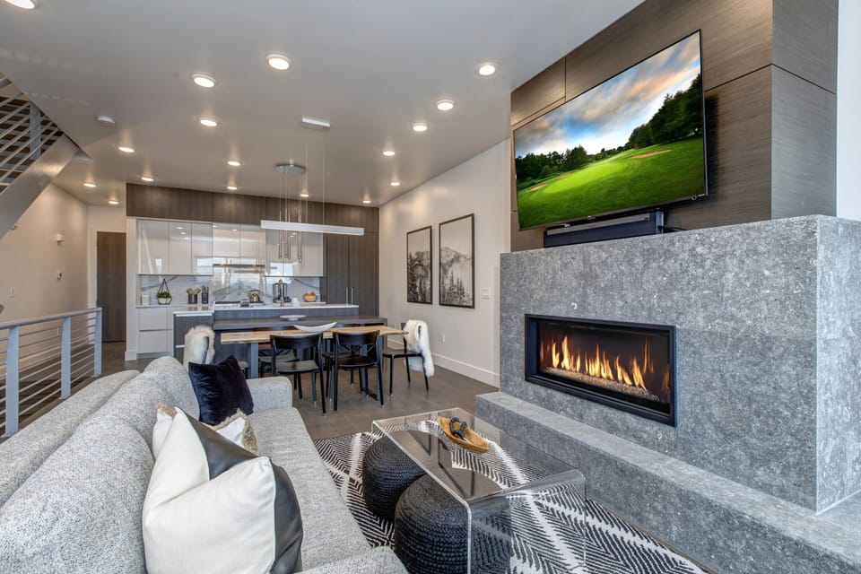 Main Level Entry into the Great Room with Modern Decor and Hardwood Floors Throughout