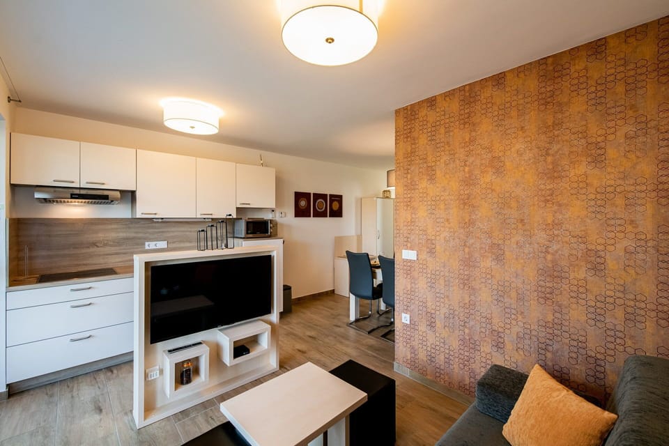 Apartment, 1 Bedroom | Living area | Flat-screen TV, heated floors