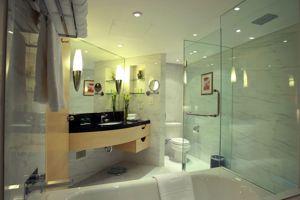 Deluxe Double Room, City View | Bathroom | Combined shower/tub, hair dryer, bathrobes, slippers