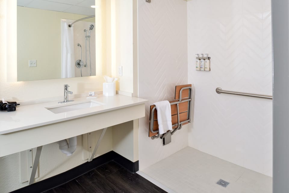 Room, 1 King Bed, Accessible (Roll-In Shower) | Bathroom | Free toiletries, hair dryer, towels