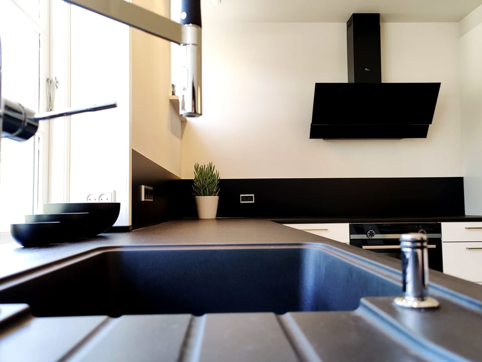 Full-size fridge, oven, stovetop, dishwasher