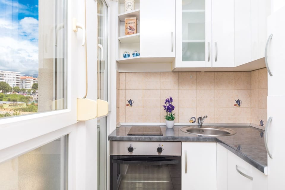 Full-size fridge, microwave, oven, stovetop