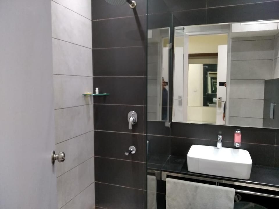 Shower, hydromassage showerhead, free toiletries, hair dryer