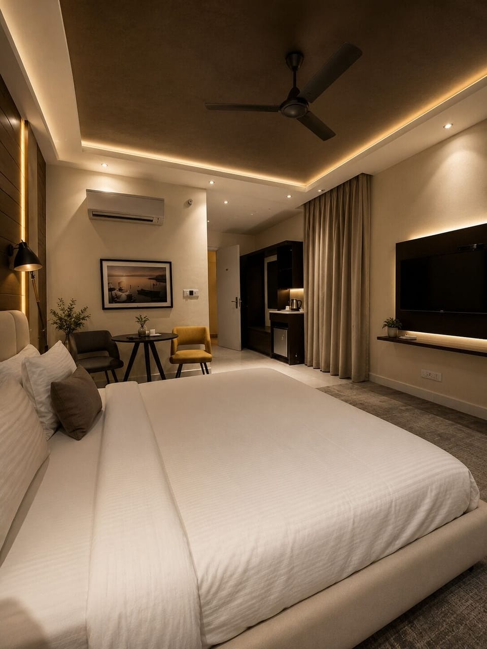 Memory foam beds, desk, laptop workspace, blackout drapes