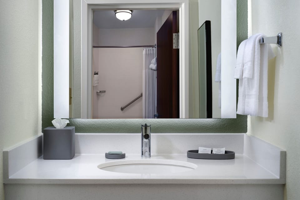 Combined shower/tub, free toiletries, hair dryer, towels