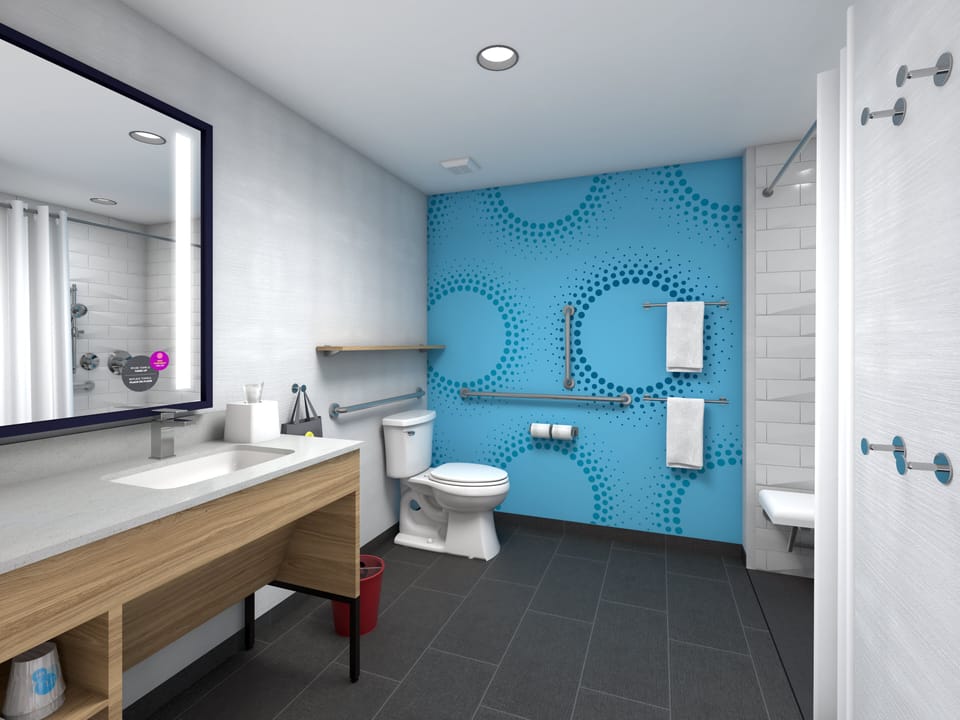 Room, 1 King Bed (Mobility & Hearing, Roll-In Shower) | Bathroom | Combined shower/tub, eco-friendly toiletries, hair dryer, towels