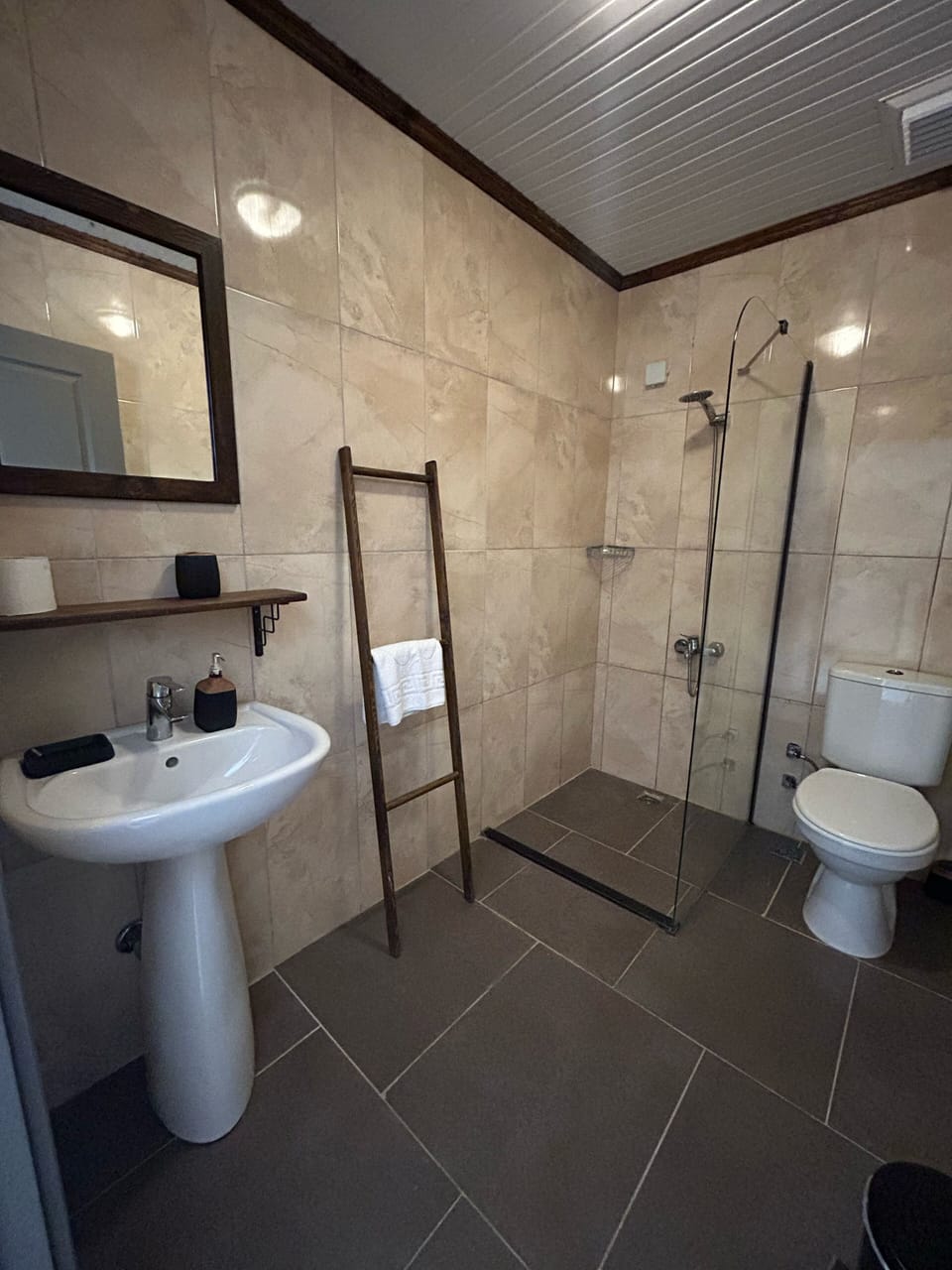 Shower, hair dryer, towels, toilet paper