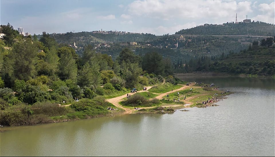 Bet Zayit lake. Behind is Ein Kerem village. No swimming or boating is allowed.
