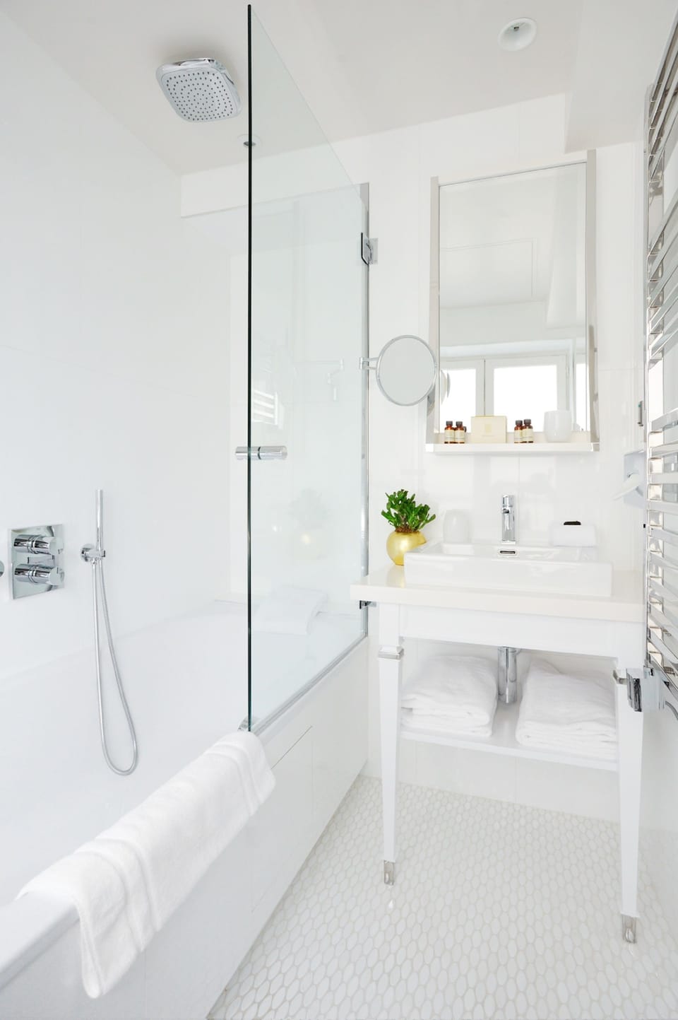 Shower, rainfall showerhead, eco-friendly toiletries, hair dryer