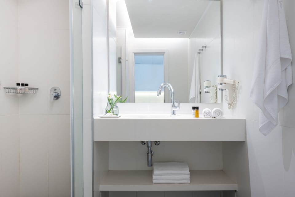 Hotel Room | Bathroom | Shower, free toiletries, hair dryer, towels