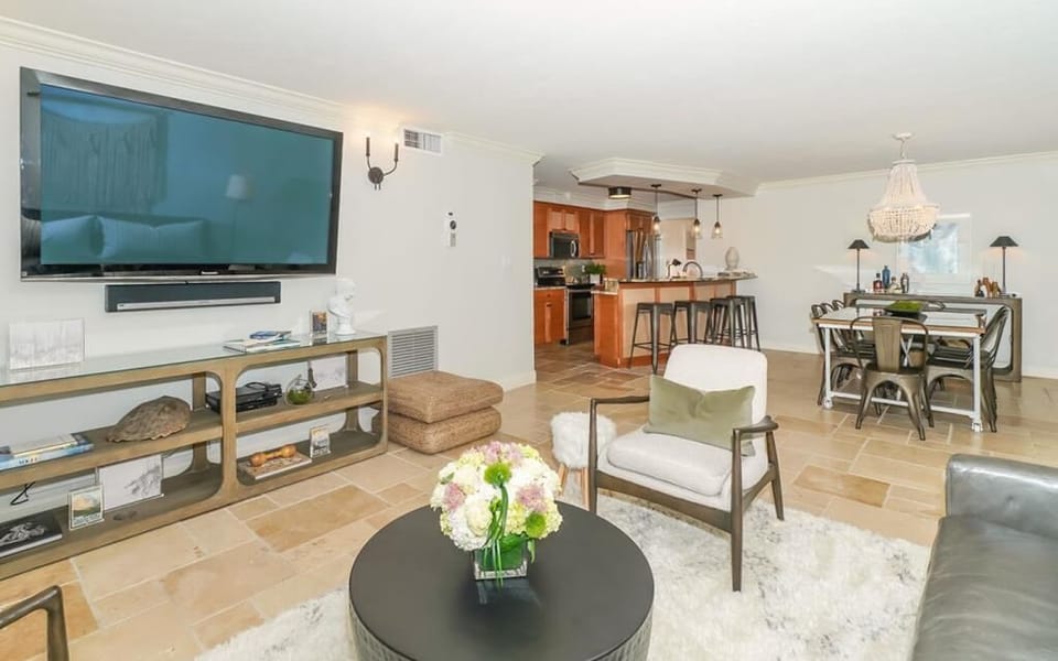 Living room into kitchen and dining room