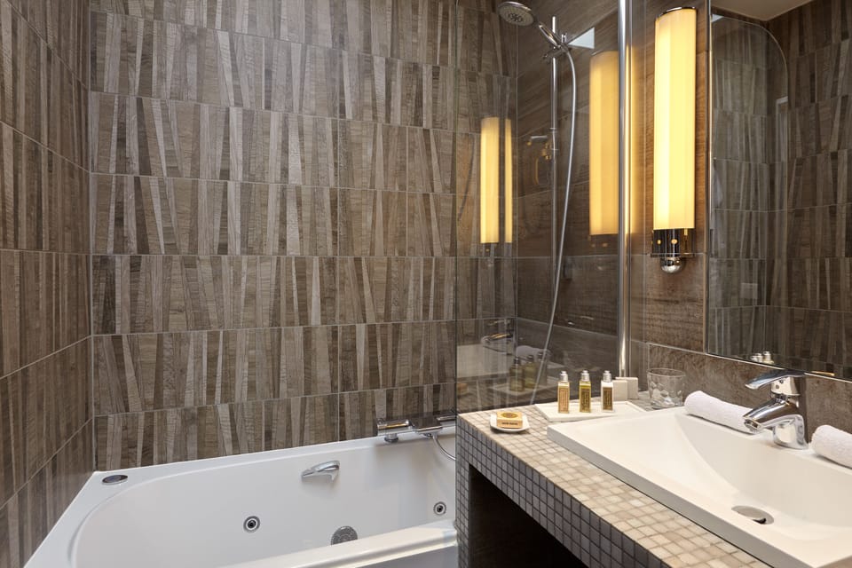 Hydromassage showerhead, designer toiletries, hair dryer, bathrobes