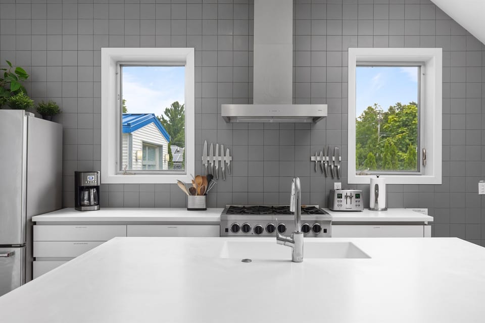Professional range and hood, double dishwashers, large fridge, many small appliances