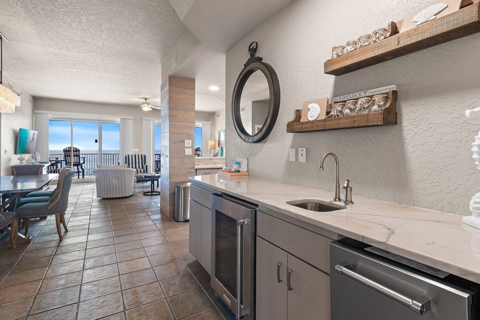 Wet bar with wine fridge