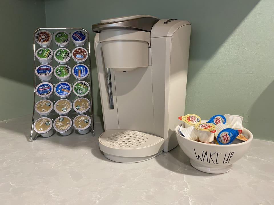 Keurig with Kpods and flavored creamers. We also have a variety of teas.