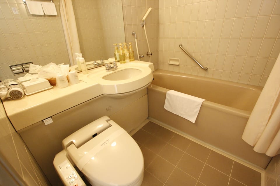 Combined shower/tub, free toiletries, hair dryer, slippers