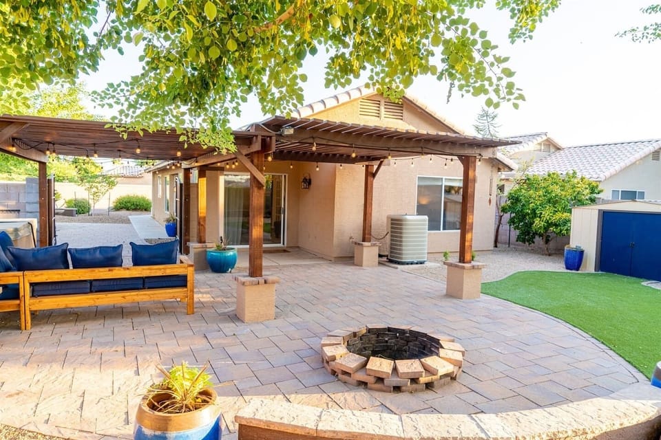Backyard with wood burning fireplace