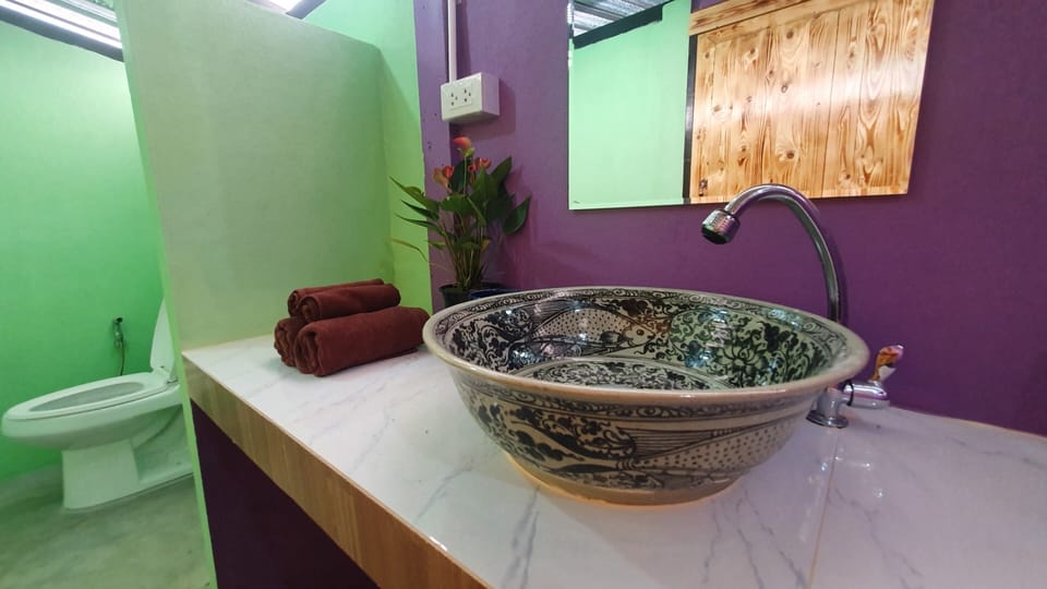 Shower, free toiletries, hair dryer, towels
