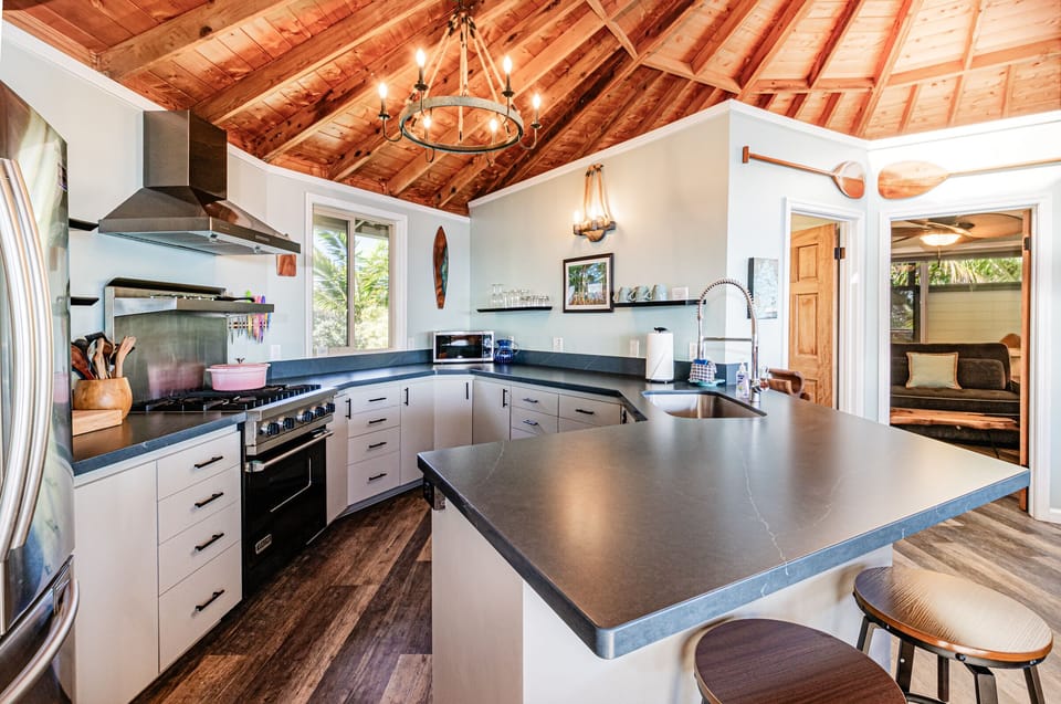 Kahikole kitchen has everything including a chandelier!