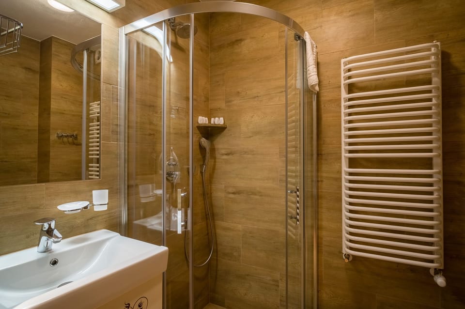 Shower, free toiletries, hair dryer, towels