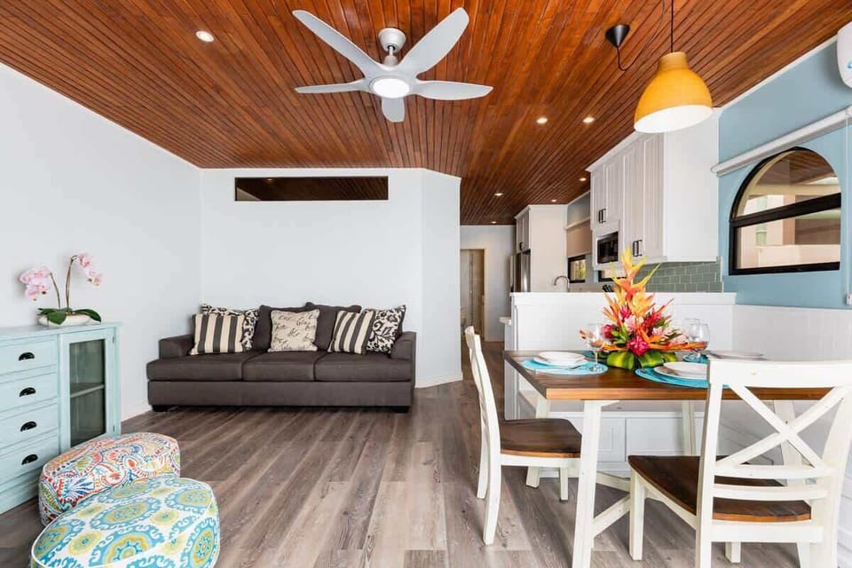 View of living area, sleeper sofa, dining area