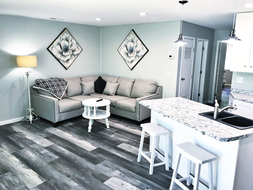 Open living room, kitchen, dining