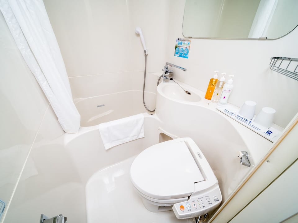 Combined shower/tub, free toiletries, hair dryer, slippers