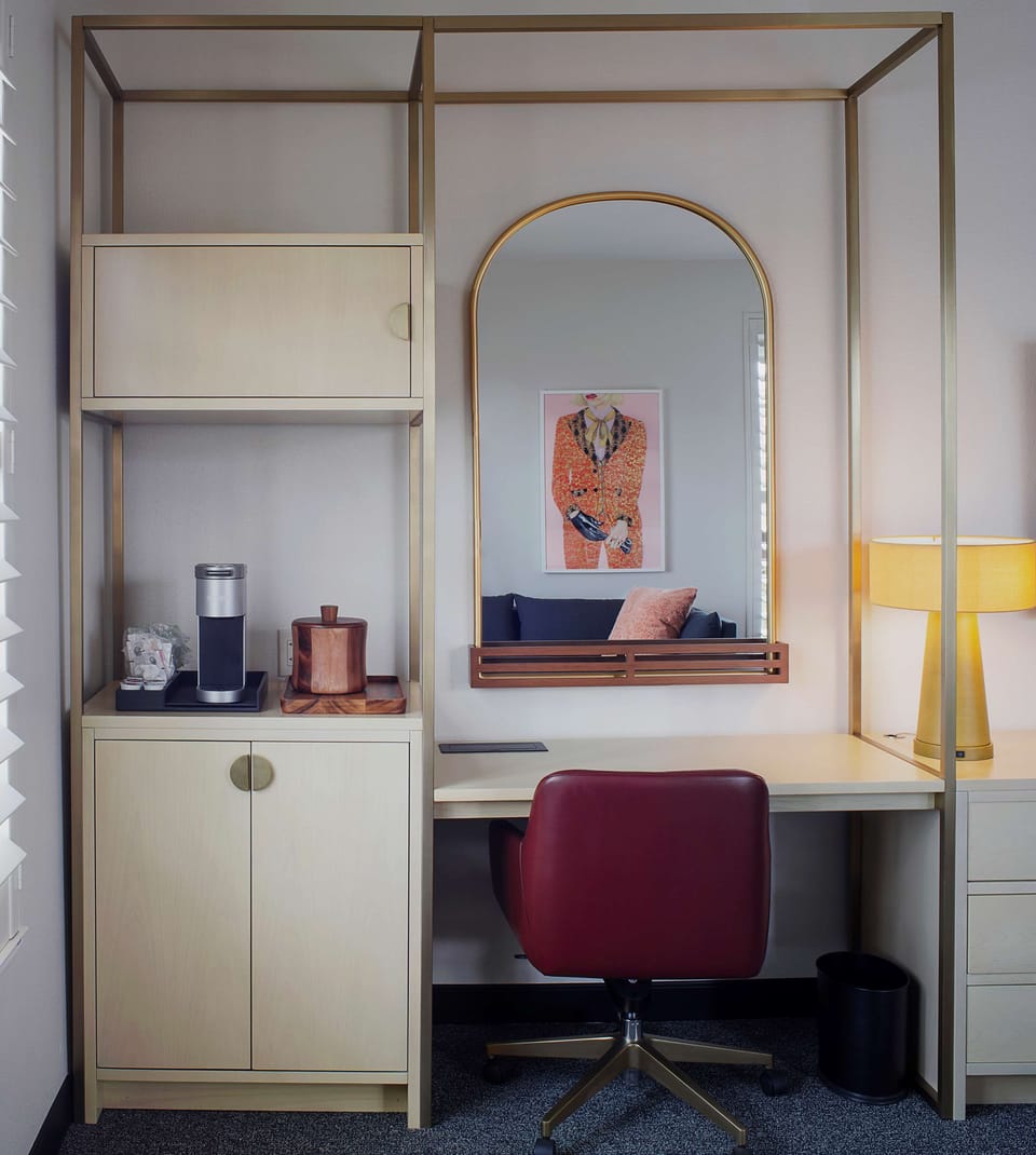 Desk, laptop workspace, blackout drapes, soundproofing