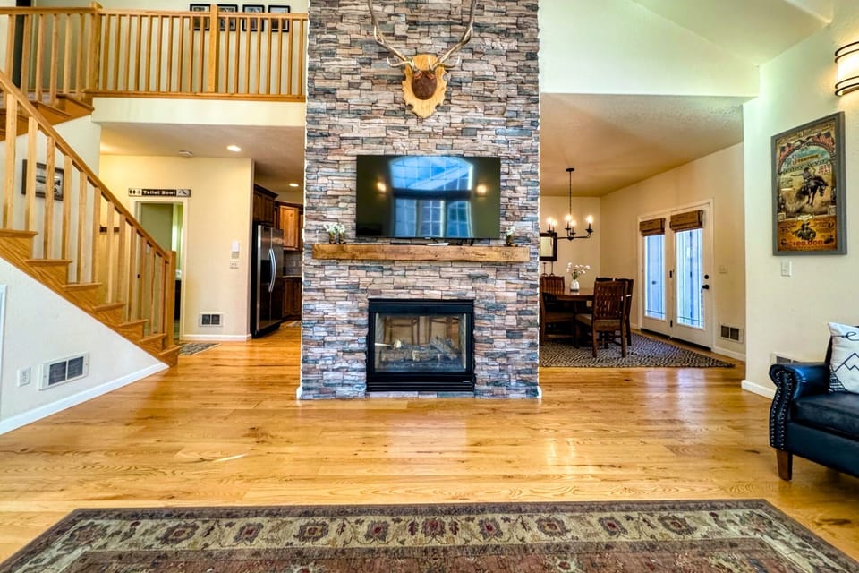 Relax in front of the lovely gas fireplace.